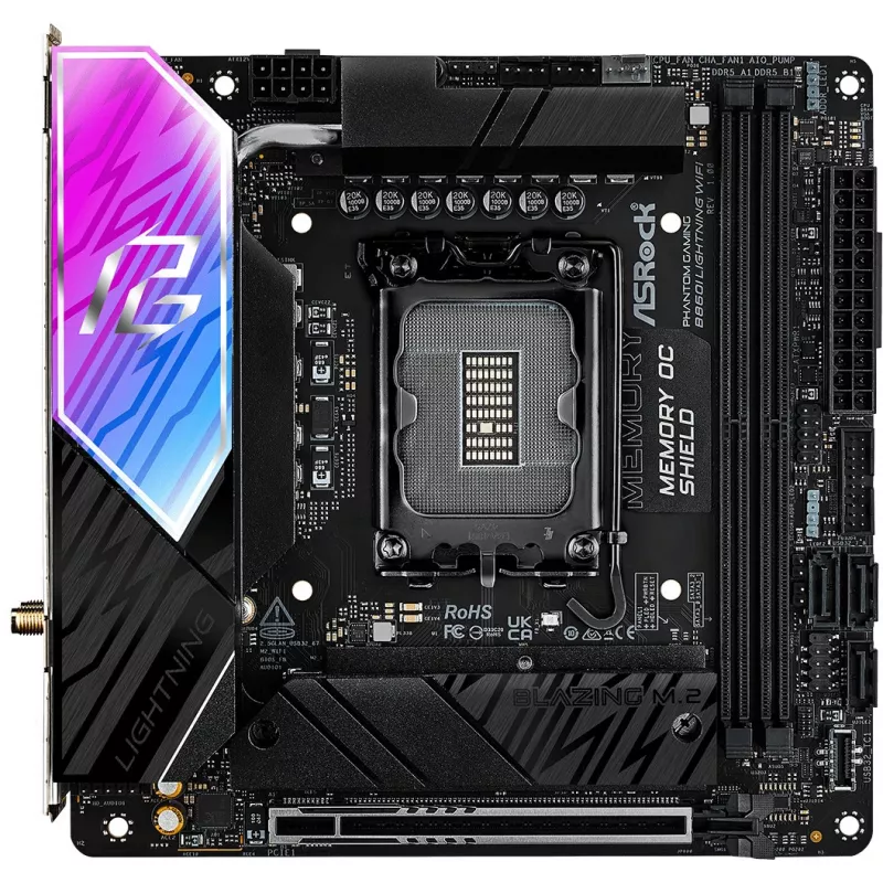 Emolevy ASROCK B860I Lightning WiFi — Intel B860, LGA 1851, Mini-ITX, DDR5, 2x DIMM, 4x M.2, 2.5Gb LAN, Wi‑Fi 6E, Bluetooth 5.3
