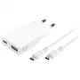 AC-sisälaturi mobiililaitteille 4smarts 541509 — 100–240V, USB-A + USB-C, 1,5 m kaapeli, pikalataus, valkoinen