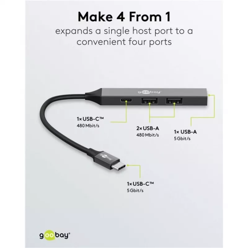 Goobay Slim 4-porttinen USB-keskitin, USB-C™–USB-C™/USB-A, USB 3.2 (74459)