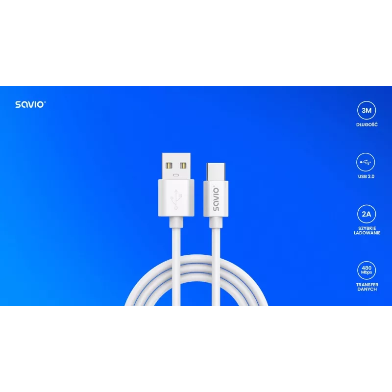 USB 2.0 -kaapeli SAVIO CL-168, USB A (uros) - USB C (uros), 3 m, valkoinen