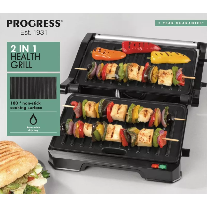 Sähköinen 2-in-1-terveysgrilli Progress EK5854PVDE tarttumattomilla levyillä ja säädettävällä lämpötilalla