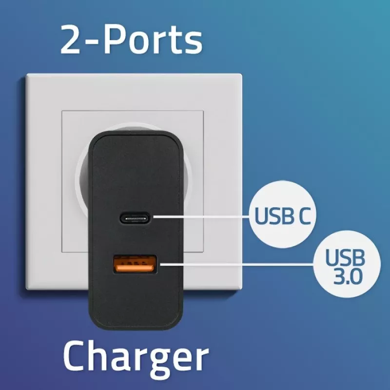 Qoltec 52381 Super Quick PD -laturi | 1xUSB-C | 1xUSB | 90W | 5-20V | 2,4-4,35A | musta