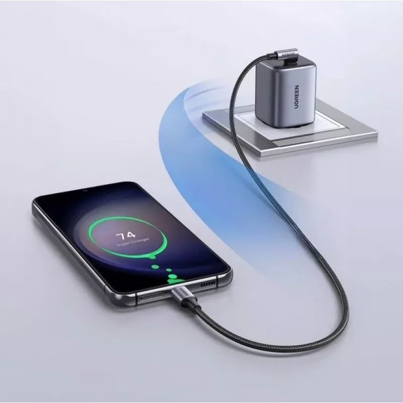 Ugreen USB-C (suora) / USB-C (kulma) PD QC 60W 3A 0,5 m US255 (harmaa)