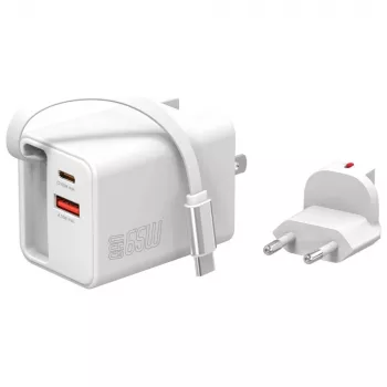 Sisäkäyttöön USB-C/USB-A-pikalaturi 4smarts 541065 — universaali AC 100–240V, max 20V, 0,7 m kaapeli, valkoinen