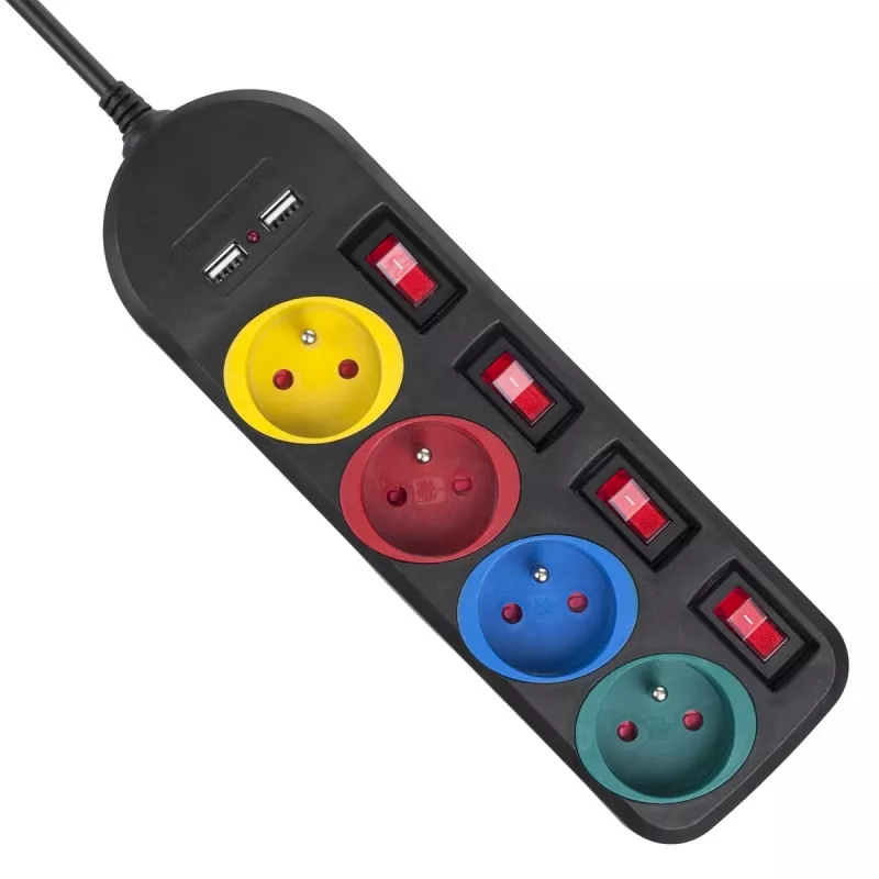 Jatkojohto MACLEAN MCE229B — 4 AC-pistorasiaa, 2× USB-A, 1,5 m kaapeli, 10 A, tyyppi F, sisäkäyttöön, musta