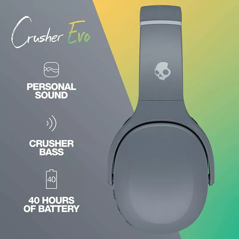 Kuulokkeet Skullcandy Crusher Evo — johdollinen & Bluetooth, harmaa, 40 h akku, USB-C, AUX, taitettava