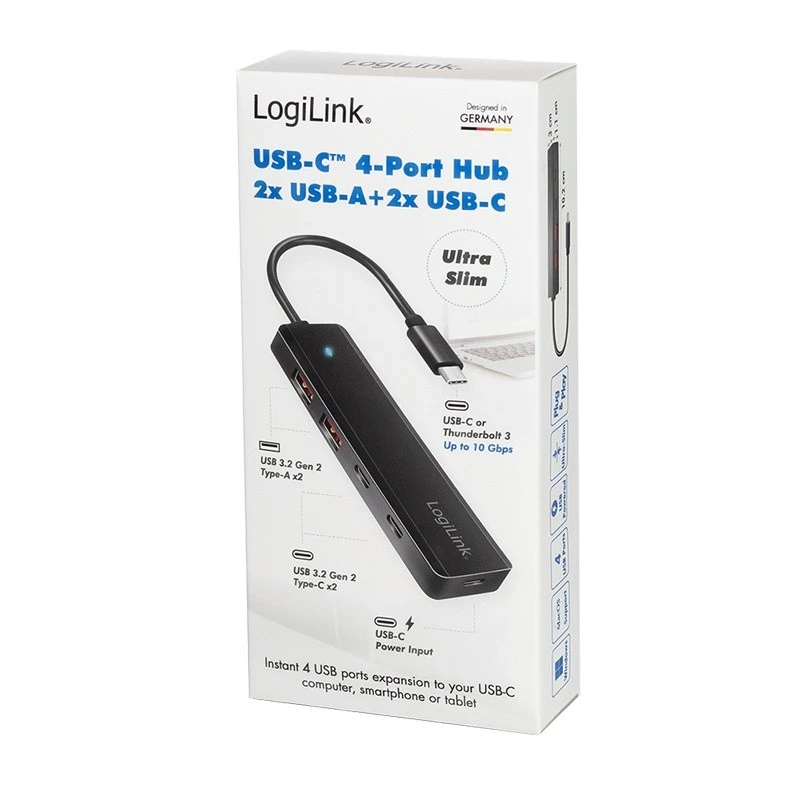 USB-C-keskitin, 4 porttia 2x USB-A, 2x USB-C, musta