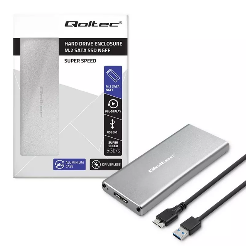 Alumiinikotelo QOLTEC 51833 M.2 SSD:lle, SATA – USB 3.0, tukee jopa 2 TB