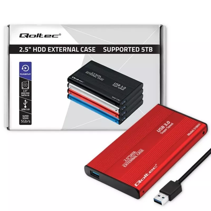 HDD/SSD-kotelo QOLTEC 51860 2,5 tuuman SATA III -asemille, USB Type-A, 5 Gbit/s, alumiini, punainen
