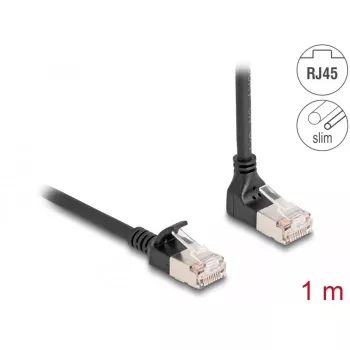 DeLOCK RJ45-verkkokaapeli Cat.6A S/FTP ohut 90° ylöspäin taivutettu 1 m musta