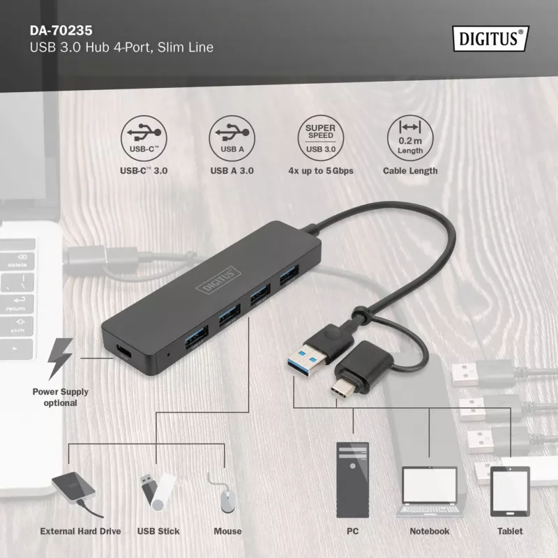 USB-keskitin, Digitus, DA-70235, 4 porttia, USB 3.2 Gen 1, Type-A ja Type-C, 12000 Mbit/s