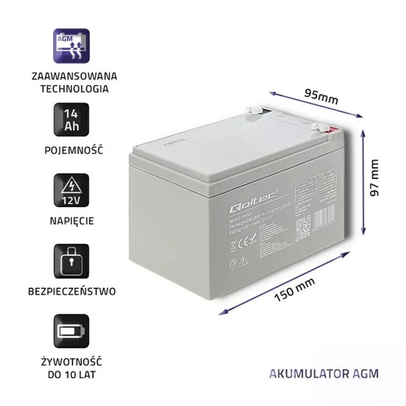 Qoltec 53045 AGM-akku 12V 14Ah
