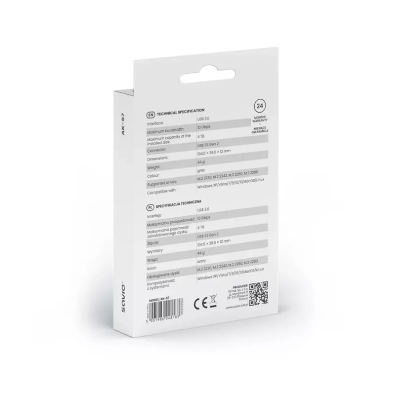 M.2 SSD-kotelo SAVIO AK-67 harmaa, USB 10 Gbit/s, tuki yksittäisille M.2-asemille