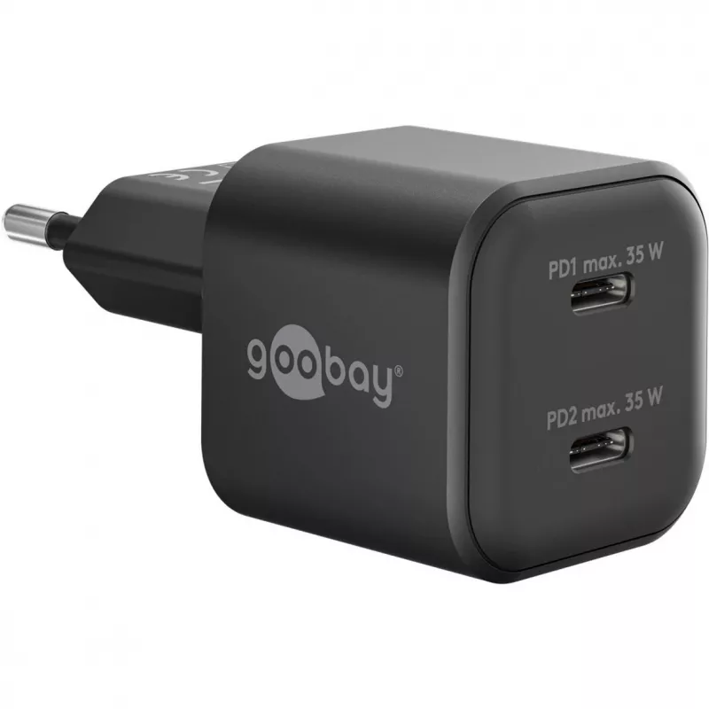 Seinäkiinnitteinen laturi GOOBAY 75333 — yleislaturi AC-USB-C sisäkäyttöön, 2x USB-C, 35 W, musta
