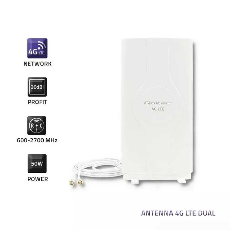 Qoltec 57013 allsuuntainen 4G LTE -sisäantenni, 2x SMA, 0,6-2,7 GHz, 30 dBi, pystypolarisaatio, 50 Ω, valkoinen ABS