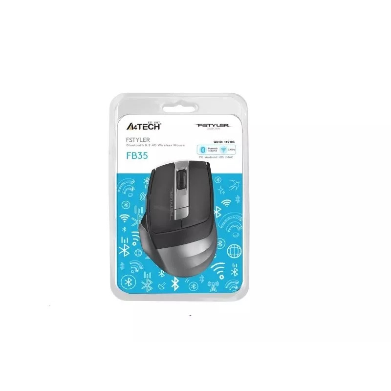 Langaton hiiri A4Tech FB35 (malli 46717) – Bluetooth + 2,4 GHz, 2000 dpi, 6 painiketta, harmaa