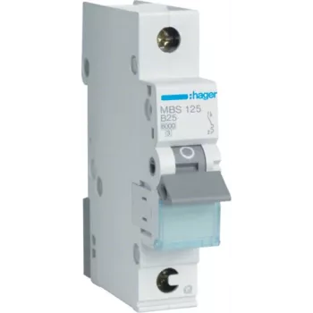 Hager MBS125. Nimellisvirta: 25 A. Tyyppi: B-käyrä, moduulien enimmäismäärä: 1 moduuli. Leveys: 17,5 mm, syvyys: 70 mm, korkeus: 83,4 mm (MBS125)
