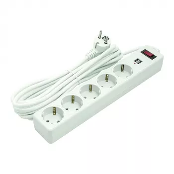 Kotitalouksien jatkojohto 5 m, 5 pistorasiaa, 2xUSB, kytkimellä
