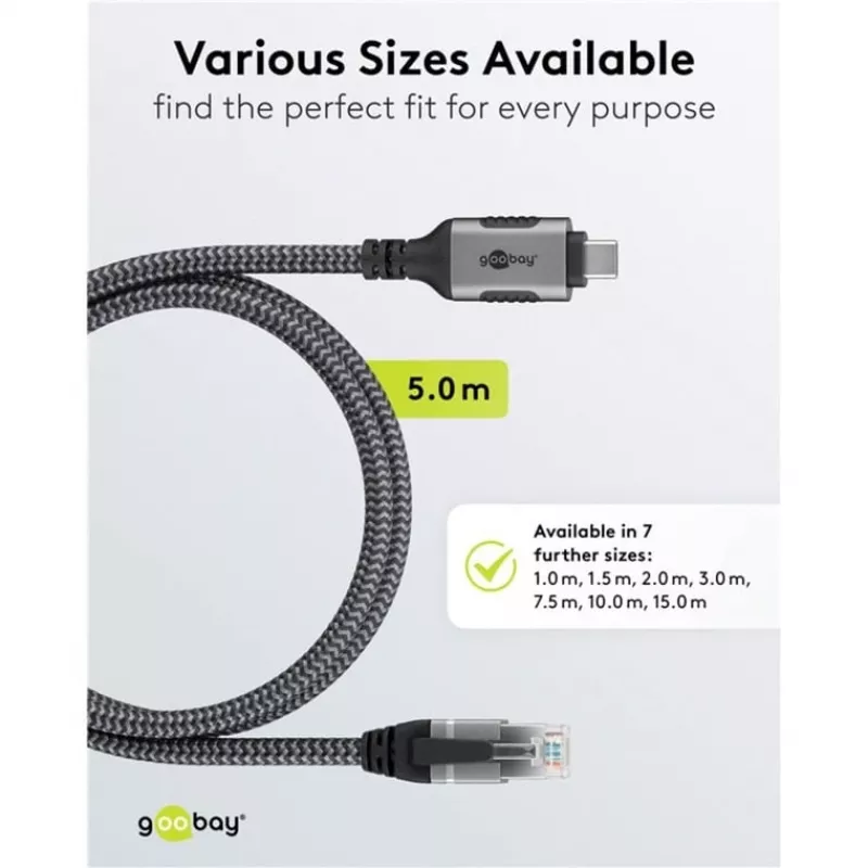 Goobay 70752 USB-C 3.1 – RJ45 Ethernet-kaapeli, Cat6 F/UTP, 5 m, musta/hopea