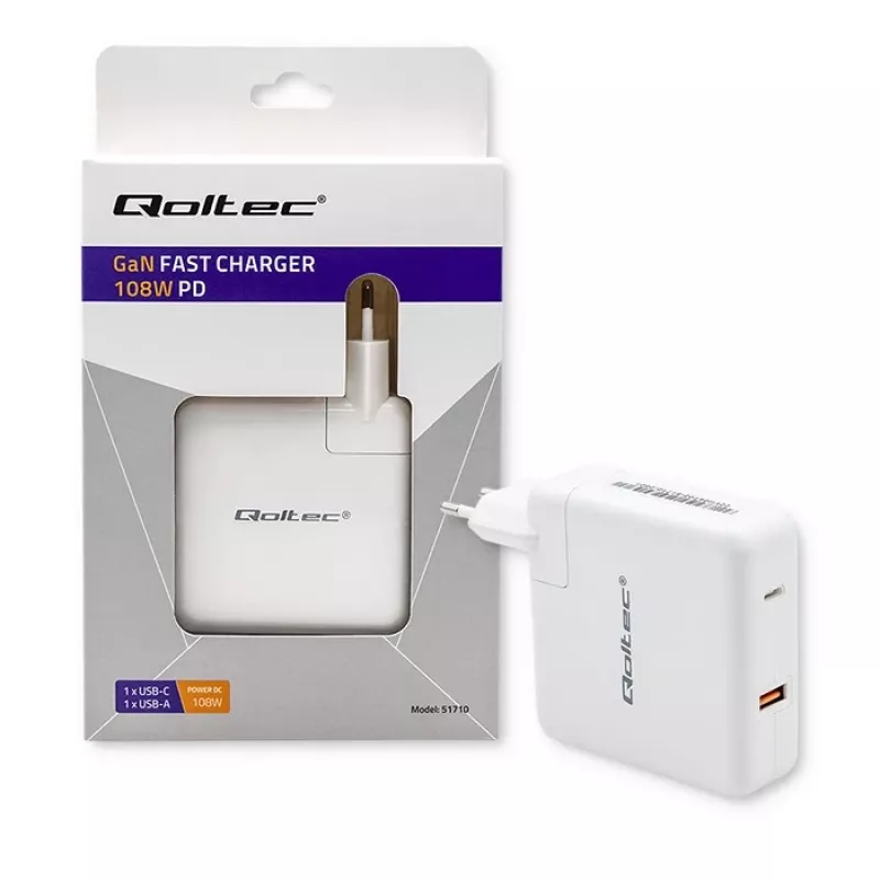 Qoltec GaN-laturi FAST 108W | 5-20V | 3-4.7A | USB C | valkoinen