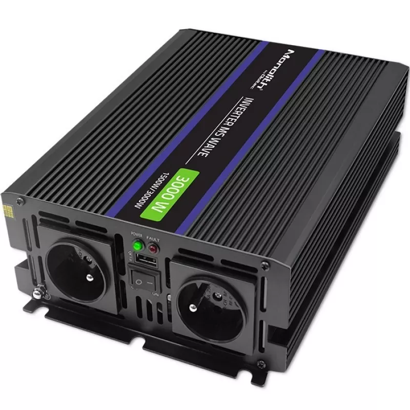 Vaihtosuuntaaja QOLTEC Monolith 3000 MS Wave, 12V→230V, 1500/3000W, USB:lla