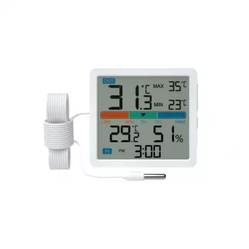Lämpömittari‑hygrometri MANTA MTO002W ulkoanturilla (150 cm), sisällä 0–+50 °C, ulkona -40–+70 °C, kosteus 20–95 % RH, mukavuusilmaisin, kello