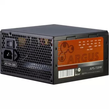 INTER TECH Argus APS-720W - virtalähde (115-230 V, 20+4 Pin ATX, 47-63 Hz, 12V1,+12V2,+3.3V,+5V,+5Vsb,12V, aktiivinen, ATX, musta)