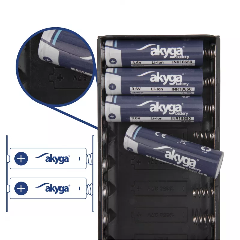 Akyga AK-BC-04 varavirtalähteen kotelo 20000 mAh, 8x 18650, 18W PD QC4+, USB-C, 2x USB-A, Lightning