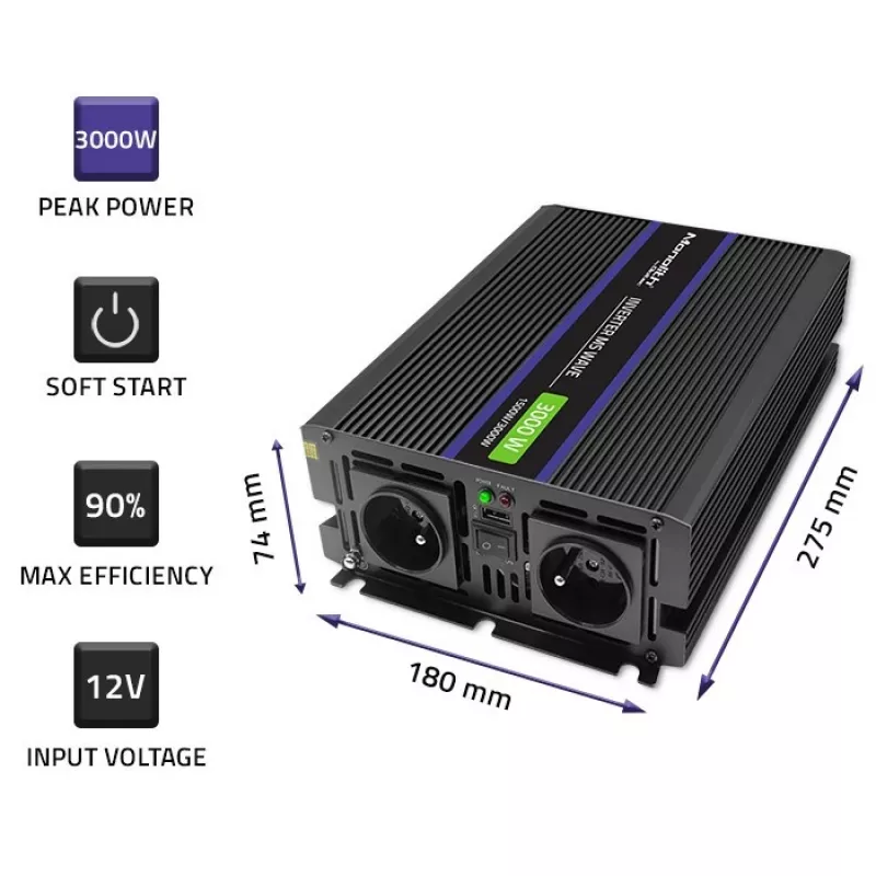 Vaihtosuuntaaja QOLTEC Monolith 3000 MS Wave, 12V→230V, 1500/3000W, USB:lla