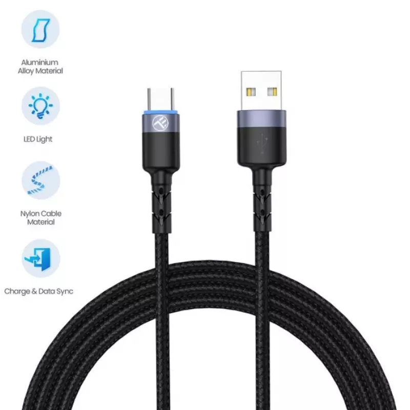 Datakaapeli Tellur USB-Type-C LED nailonpunos 1,2 m musta