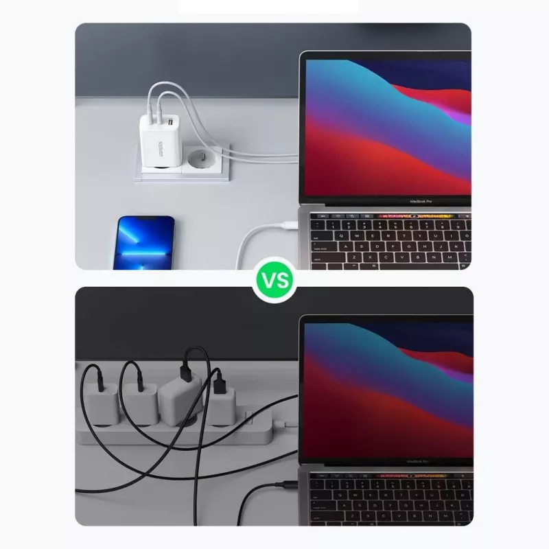 Seinälaaturi UGREEN CD275 2× USB Type-C 65W valkoinen — Dual-USB-C 65W pikalataus, 100–240V tulo
