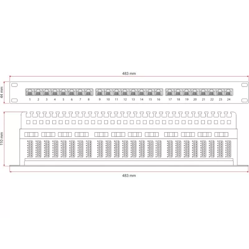 Alantec PK013 kytkentäpaneeli 19" 1U, 24x RJ-45, Cat5e UTP, LSA, hyllyllä, musta