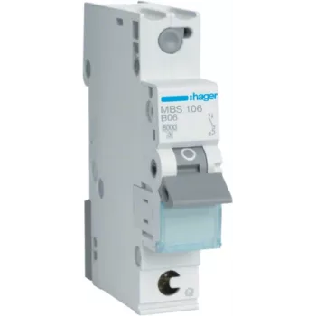 Hager MBS106. Nimellisvirta: 6 A, verkkotaajuus: 50/60 Hz. Tyyppi: B-tyyppi, moduulien enimmäismäärä: 1 moduuli. Leveys: 17,5 mm, syvyys: 70 mm, korkeus: 83,4 mm (MBS106)