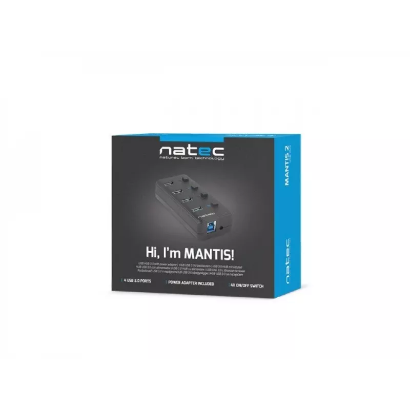 Natec Mantis 2 NHU-1557 4-porttinen USB 3.0 -hubi, USB Type-B -tulo, virtakytkimet, verkkolaite, musta