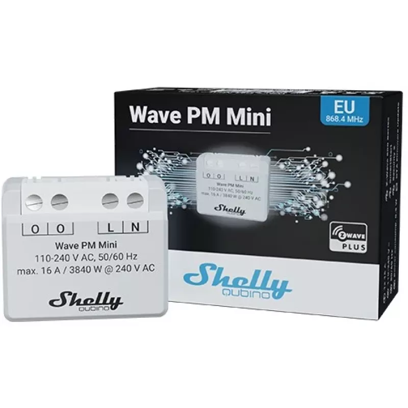 Shelly Qubino Wave PM Mini älykytkin, 1-kanavainen, uppoasennus, Z-Wave, langaton, 110–240 V AC / 24–30 V DC, harmaa