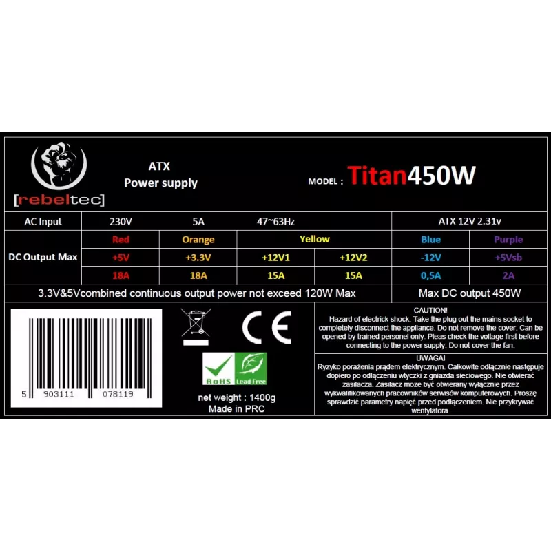 Virtalähde ATX ver2.31 TITAN 450W