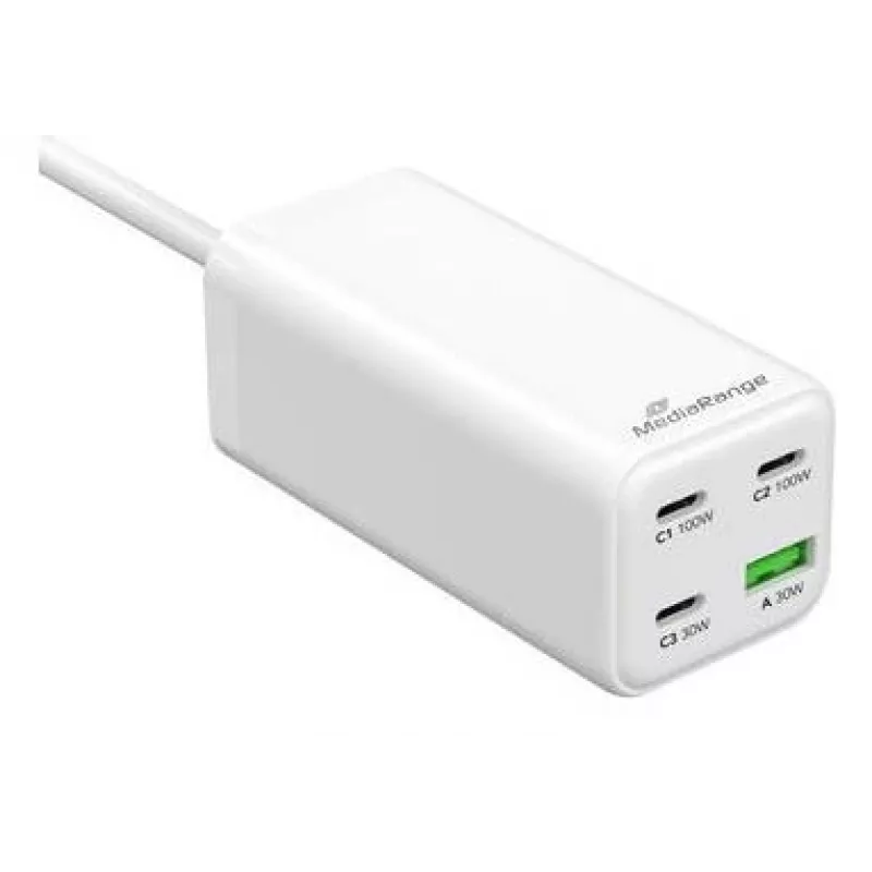 MediaRange MRMA124 matkalaturi 100W AC, 3x USB-C, 100–240V tulo, 1,5 m kaapeli, valkoinen