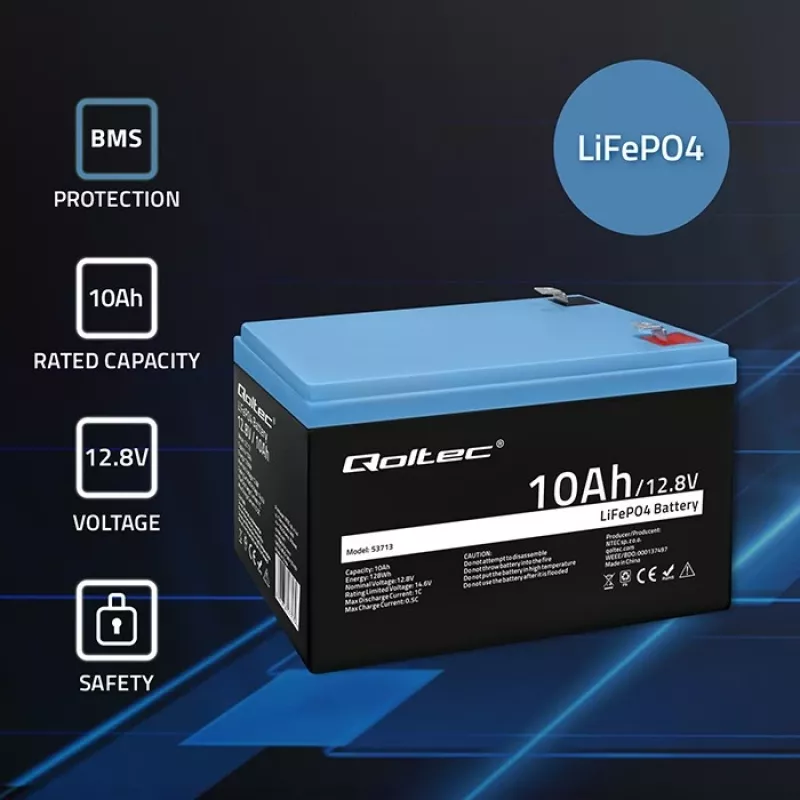 Akkupaketti LiFePO4 QOLTEC 10Ah 12,8V 128Wh integroidulla BMS:llä
