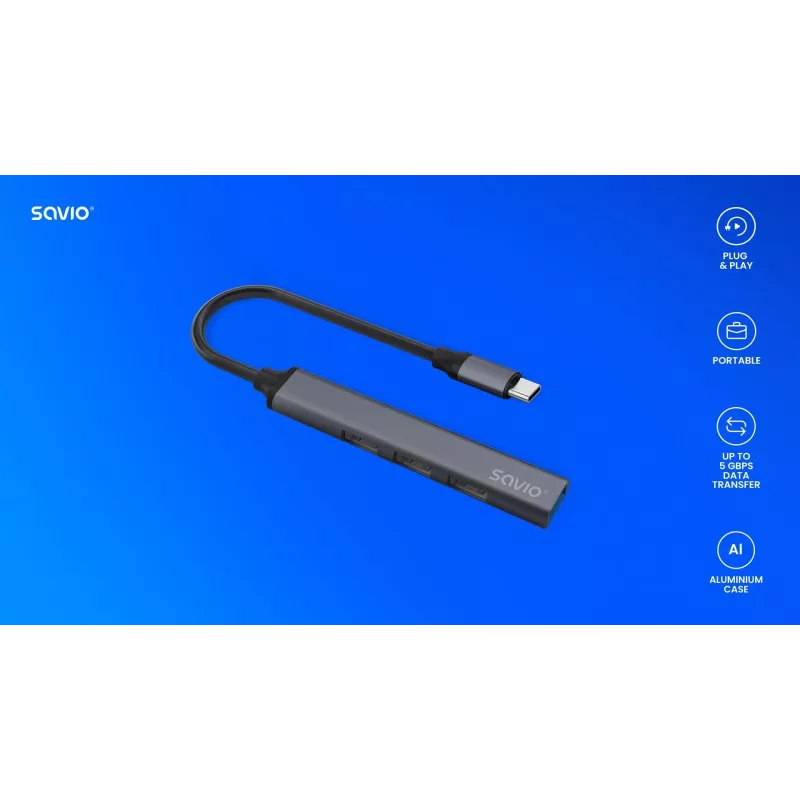 USB 3.0 4-porttinen USB-keskitin SAVIO AK-71 USB-C isännällä, 5000 Mbit/s, 2 vuoden takuu