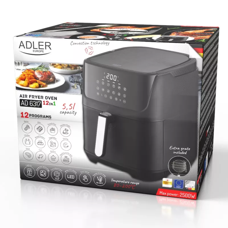 Kiertoilmakypsennin - 12 ohjelmaa 5,5 L Adler