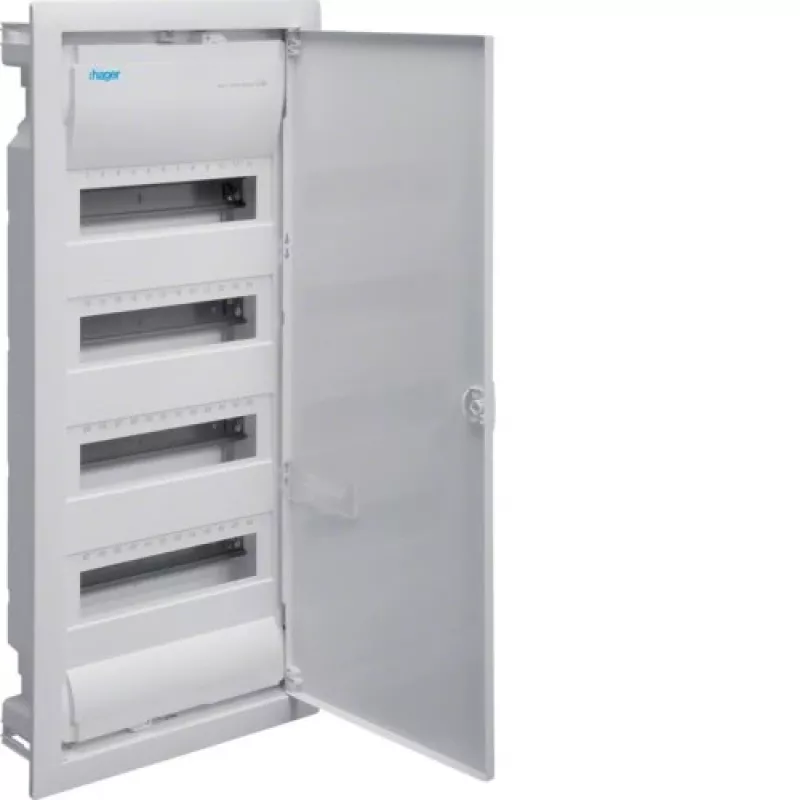 Hager Volta VU48NE uppoasennettava jakokeskus, 4 riviä, 48 moduulia, IP30, metalliovi, 348×755,5×98 mm, valkoinen