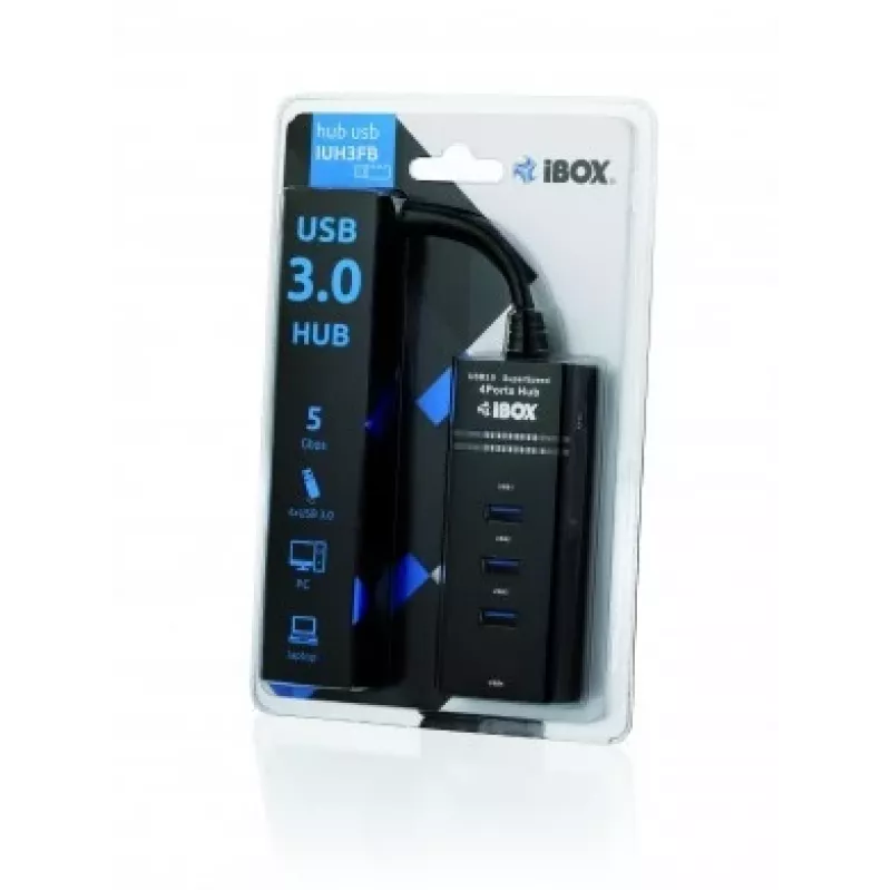 USB 3.2 Gen 1 Type-A 4-porttinen keskitin IBOX IUH3FB, 5000 Mbit/s, musta, 0,5 m kaapeli