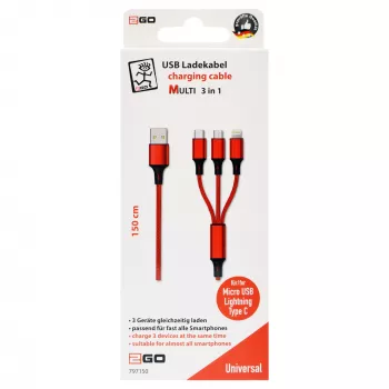 USB-kaapeli 2GO 797150 1,5 m USB B USB C/Micro-USB B/Lightning punainen