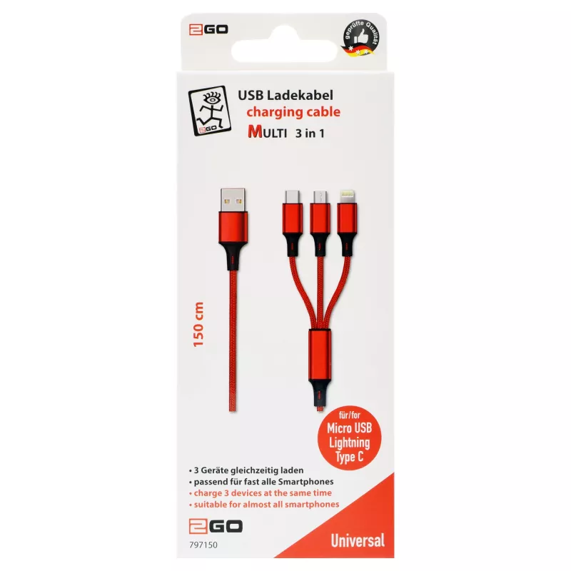 USB-kaapeli 2GO 797150 1,5 m USB B USB C/Micro-USB B/Lightning punainen