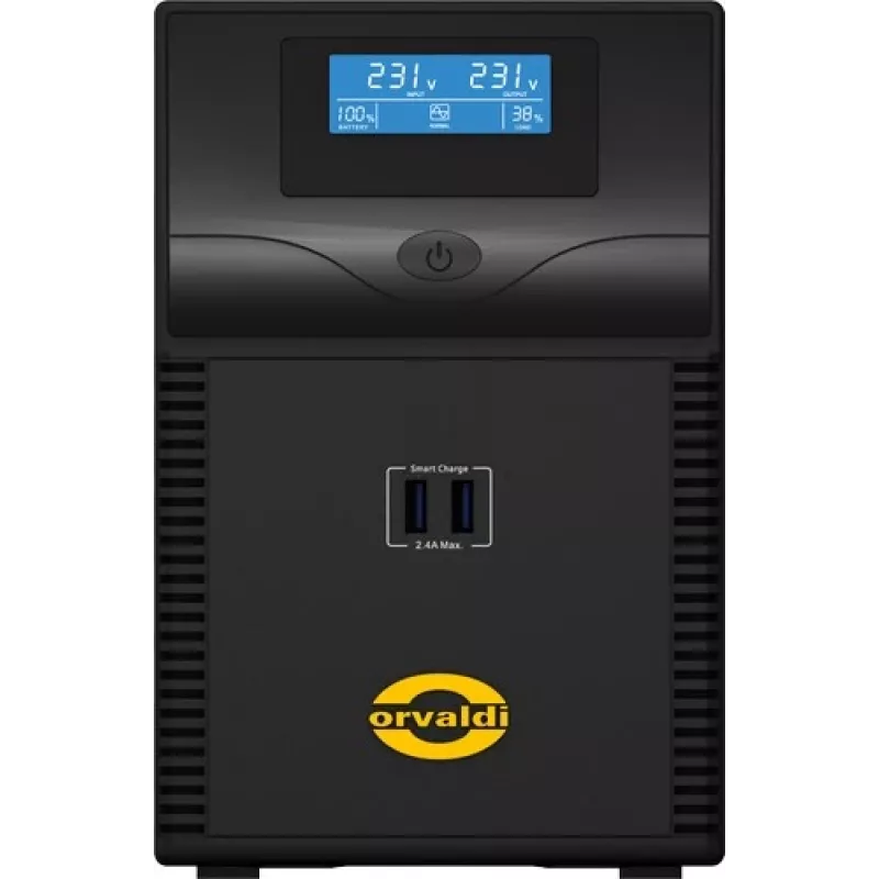 Keskeytymätön virransyöttö ORVALDI ID2K0CH Line-Interactive 2 kVA / 1200 W, 24 V, 9 Ah akut, LCD, USB, kompakti musta