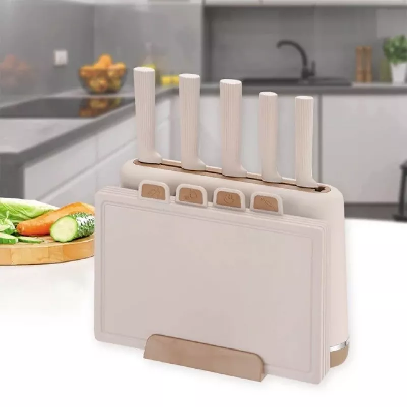 Maestro MR-1412-BEIGE veitsisarja telineellä + leikkuulautasarja beige