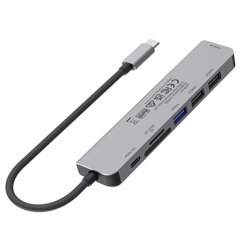 USB-C-keskitin Unitek 7in1 alumiini PD 100W 5 Gbps — moniporttinen sovitin Power Delivery -tuella