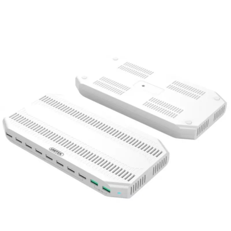 Latausasema Unitek Y-2190A — 10 USB-liitäntää (8×USB2.0 + 2×USB3.2 Gen1), langaton lataus, 96 W kokonaisteho
