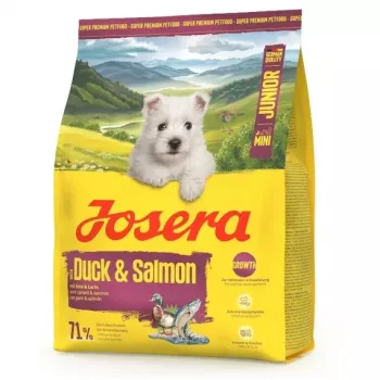 Kuivaruoka koiranpennuille JOSERA Mini Junior Duck & Salmon 3 kg — pienille roduille, 29 % proteiinia, 18 % rasvaa