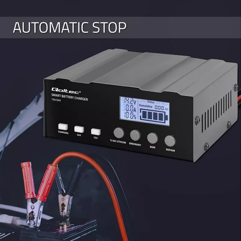 Akkulaturi QOLTEC 52491 mikroprosessori 12V/12,6V/24V LCD-näytöllä
